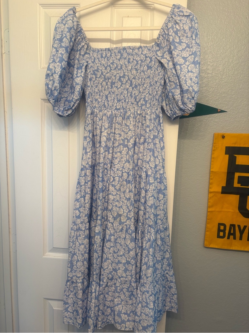 Blue Floral Smocked Midi Dress with Puff Sleeves